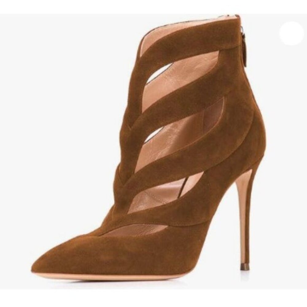 FSJ Brown Cutout Ankle Pointed Toe Stiletto high Heels Boots Back Zipper Shoes